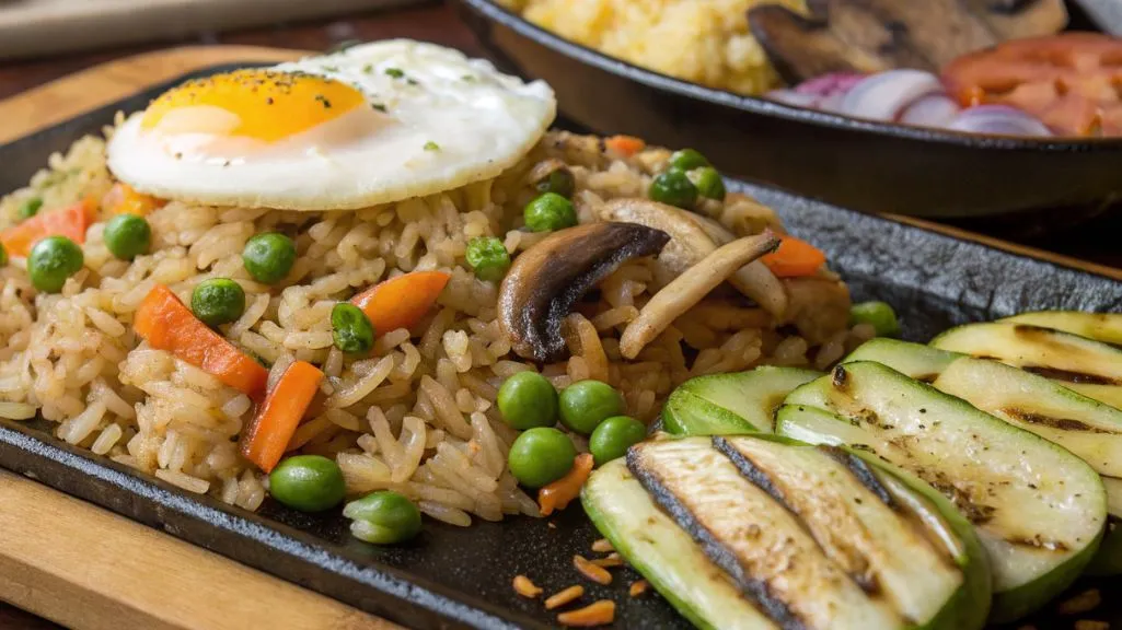 Japanese-style fried rice and sautéed vegetables served with dipping sauces