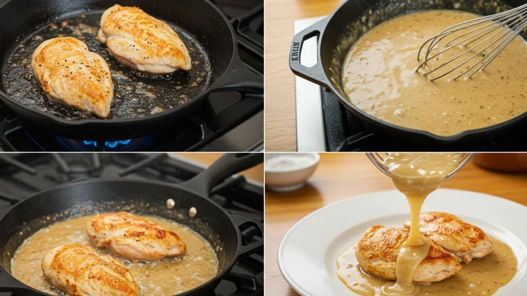 Step-by-step visuals showing how to cook chicken and make gravy in a skillet.